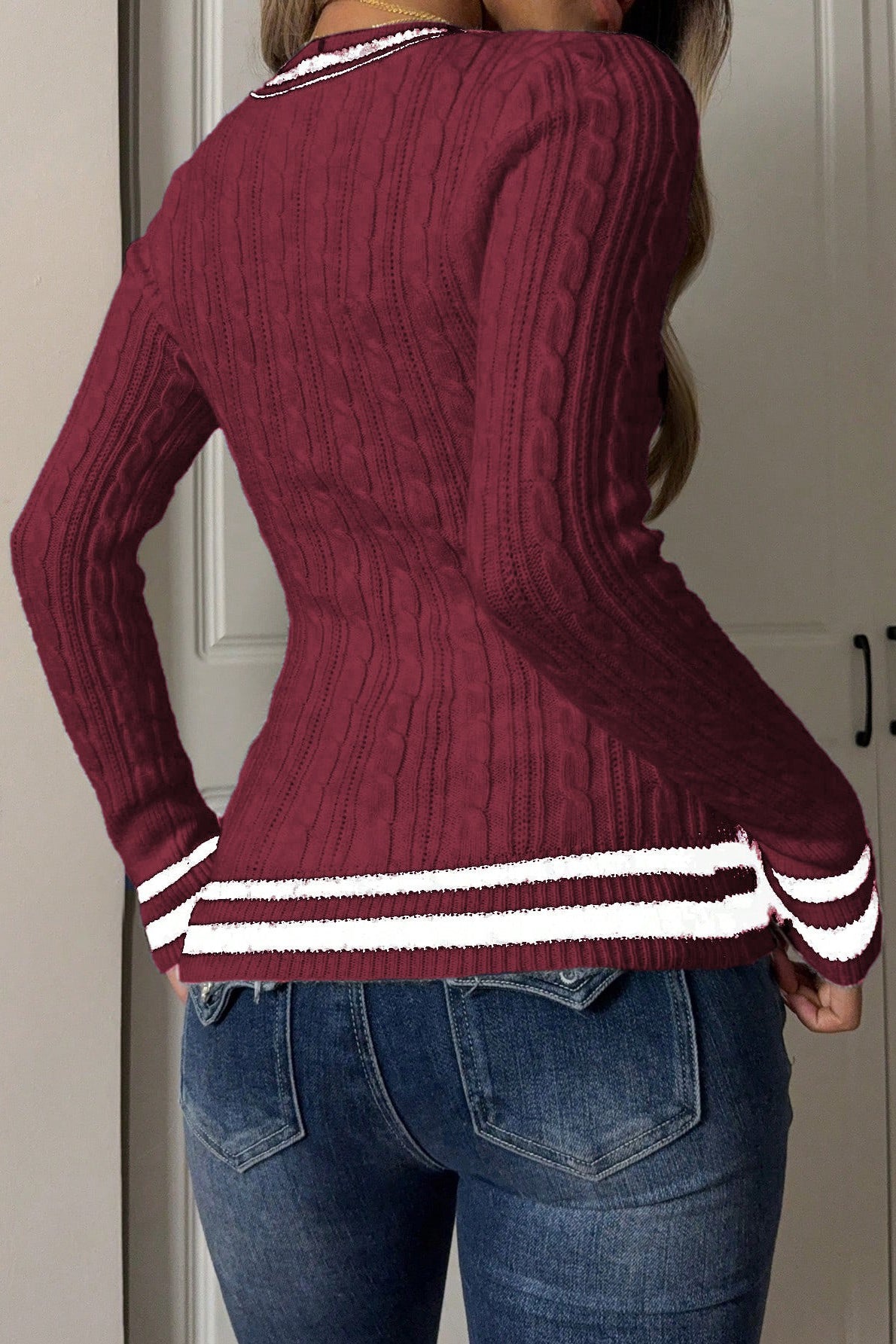Color Block Striped Deep V Slim Sweater